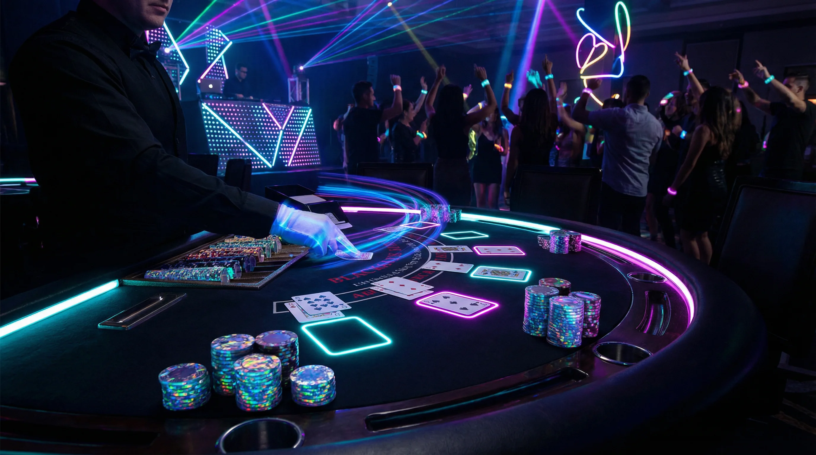 Mesa de blackjack electrónico con ambiente de festival